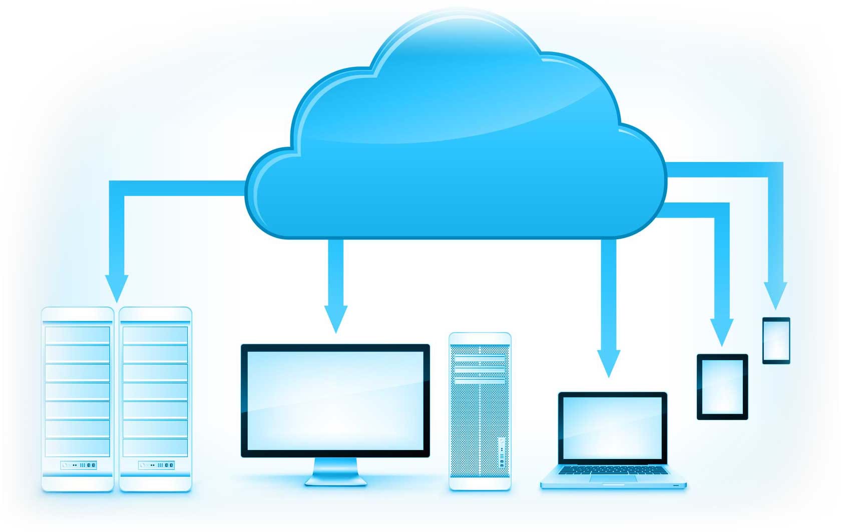 Managed Cloud Solution with Arrows Pointing to Computer and Mobile Devices