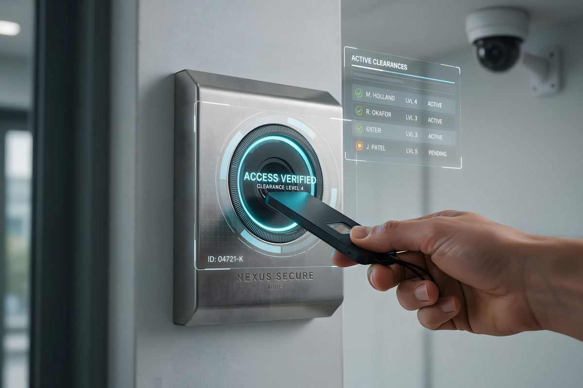 Employee presenting a key card to a wall-mounted reader to unlock an office door.