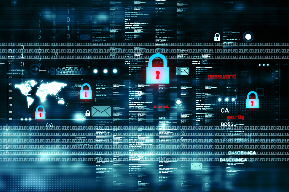 Locks and binary code overlaid on a digital map with the words 'password','security', 'internet'