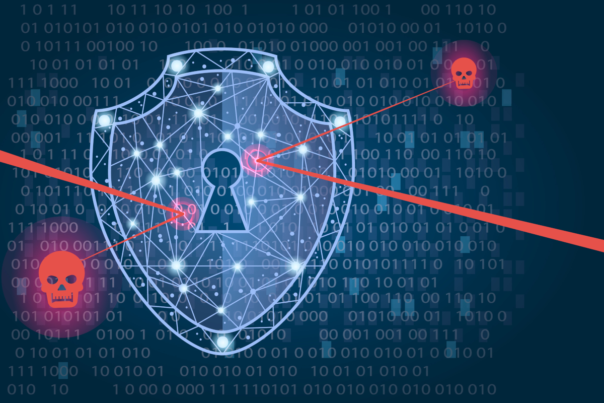 A digital shield with a lock in it representing firewall security