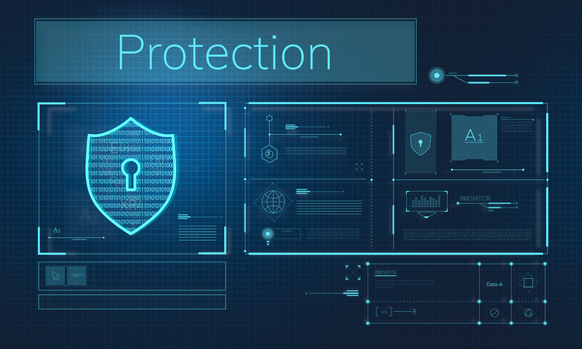 A network connection graphic overlaid on a protection grid