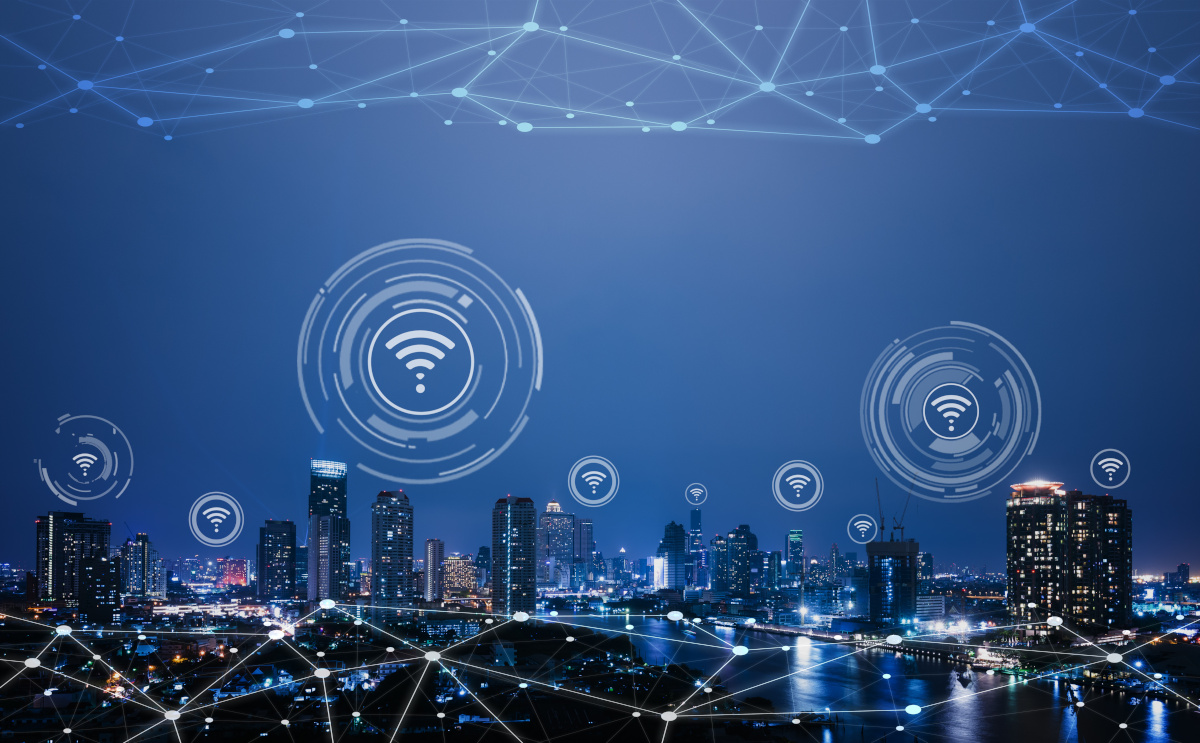 Wireless Icons floating above city
