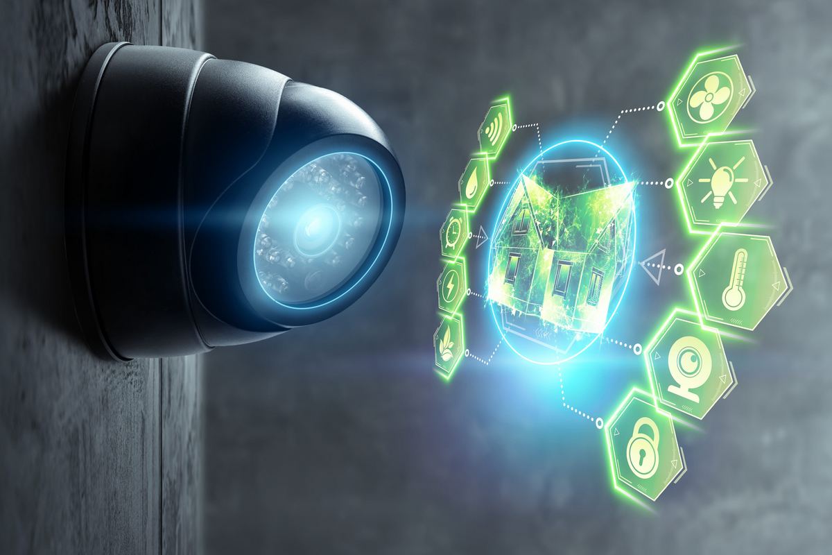 Dome security camera mounted on an exterior wall beside illuminated smart-building icons.