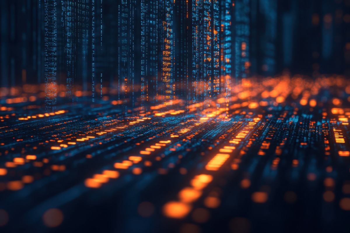 A vibrant display of glowing data streams illuminates a dark space with orange and blue hues