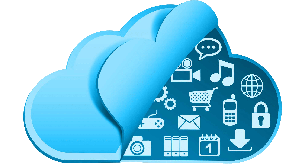 Cloud Sticker Being Peeled Back to Reveal Business and Communications Icons Underneath