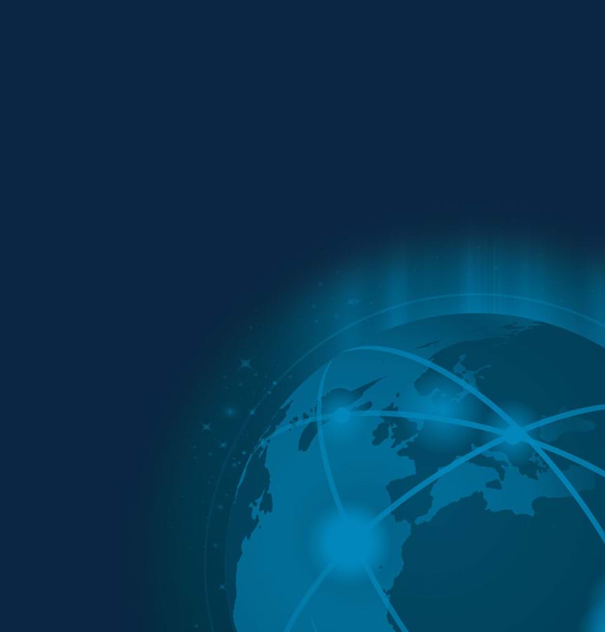 The Earth in a blue shade with lines showing connections around the globe