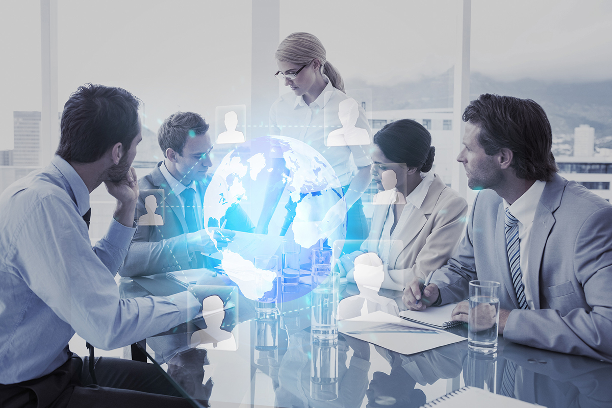 Futuristic technology interface against business people in board room meeting.