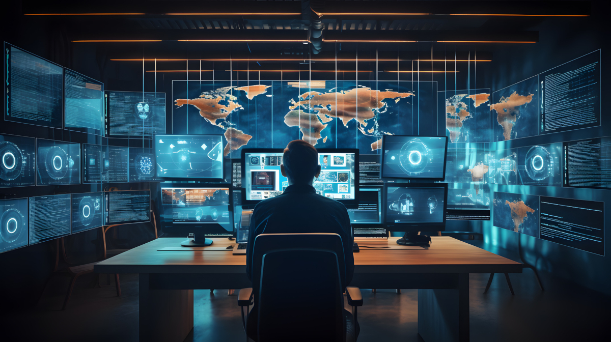 A person sits at a desk with multiple high-tech glowing screens displaying futuristic world maps and data charts.