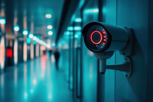 Surveillance camera with red lights in a dimly lit, blue-tinted hallway.