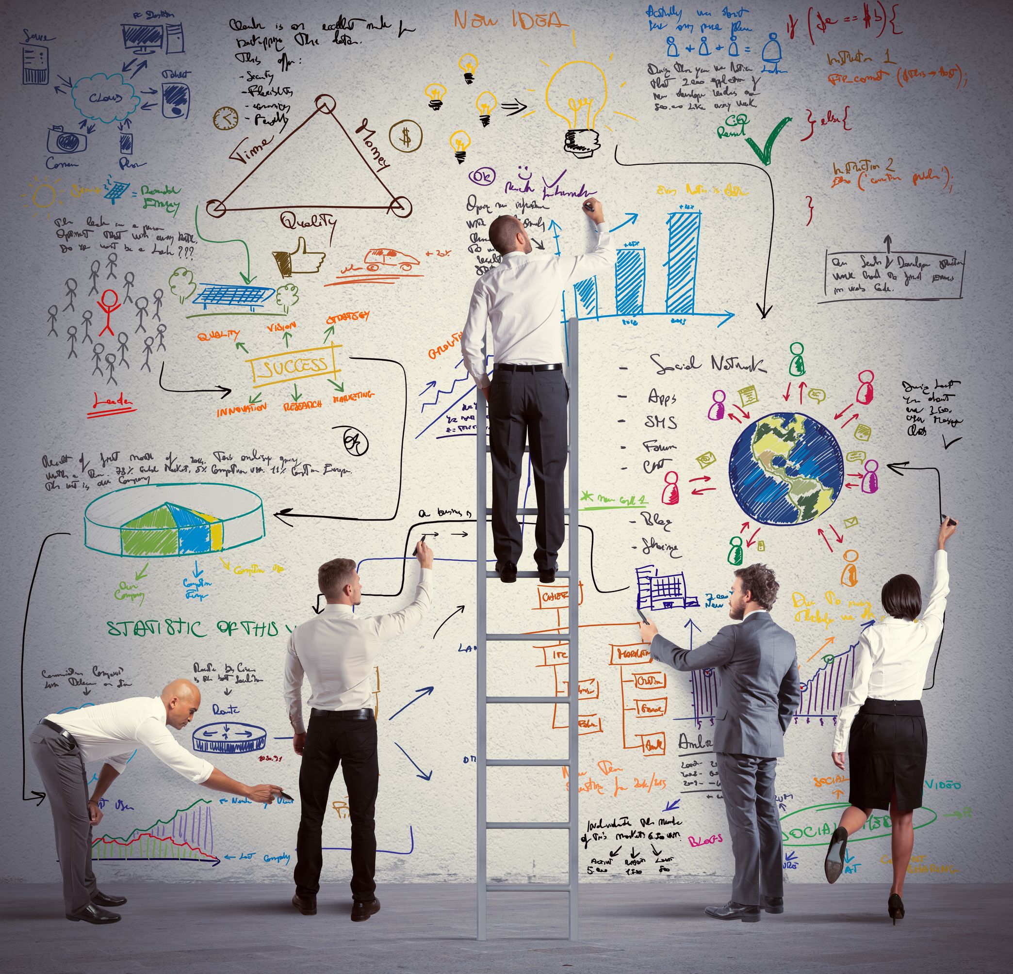 Businesspeople making sucess diagram on the wall