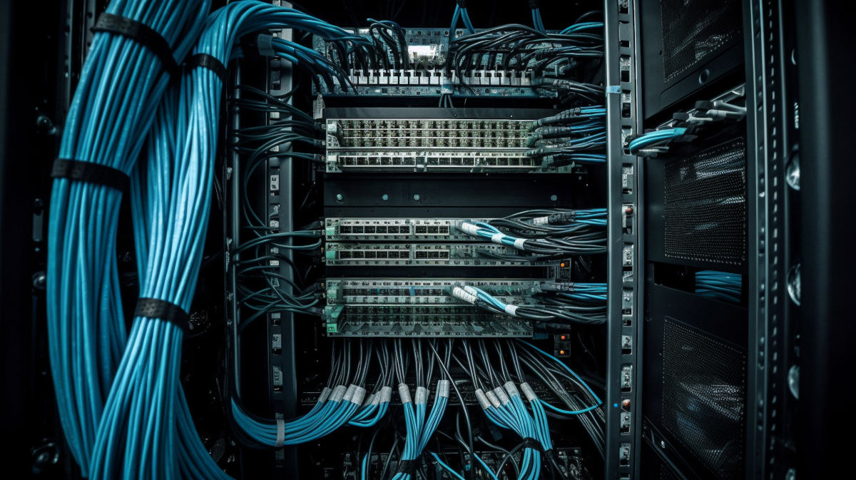 A dimly lit server room features neatly organized blue ethernet cables connected to multiple racks of networking equipment.